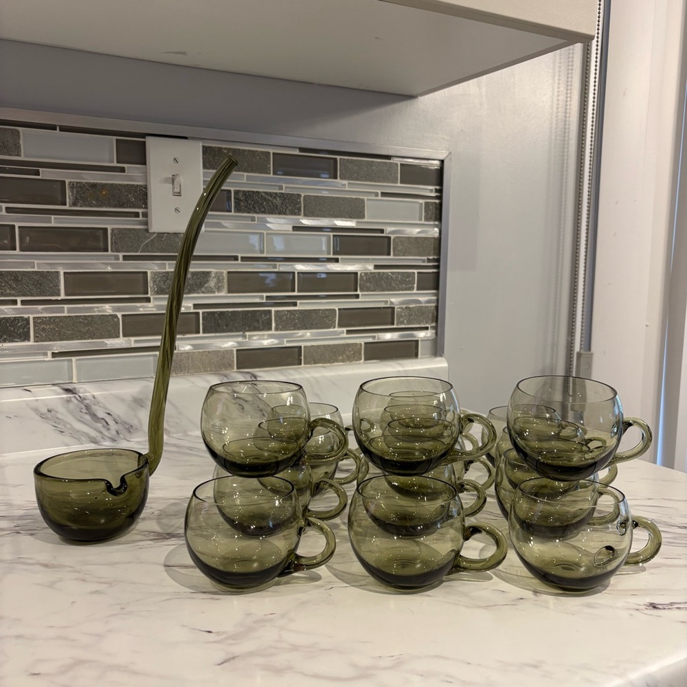 Vintage Smoked Glass Cups and Free Standing glass ladle Art Deco